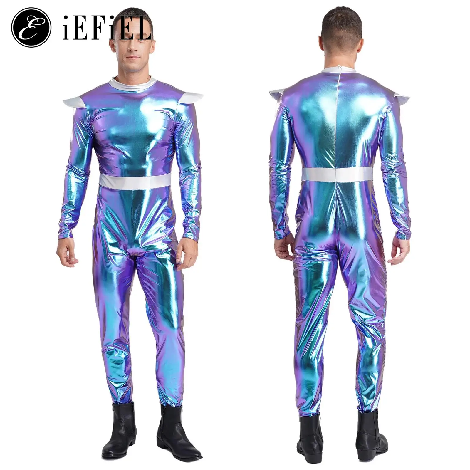 

Men Halloween Alien Costume Long Sleeves Long Jumpsuit Zipper Metallic Shiny Bodysuit Outer Space Cutie Costume Robot Dress Up