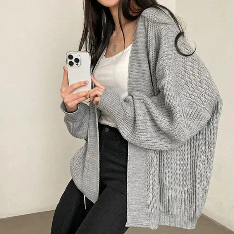 한국 단색 긴팔 가디건 여성 루즈핏 니트 스웨터 코트 여성 가을 겨울 랜턴 슬리브 가디건