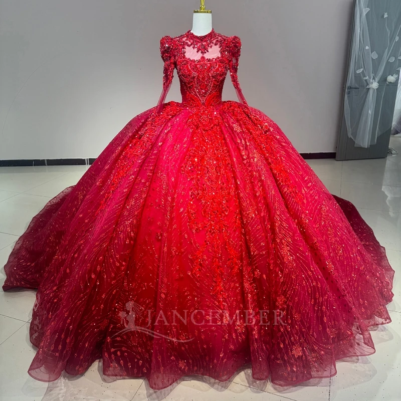

Red Shiny Quinceanera Dresses Off The Shoulder Sequin Applique Lace Beading Crystal Long Sleeves Tull Corset Party Birthday