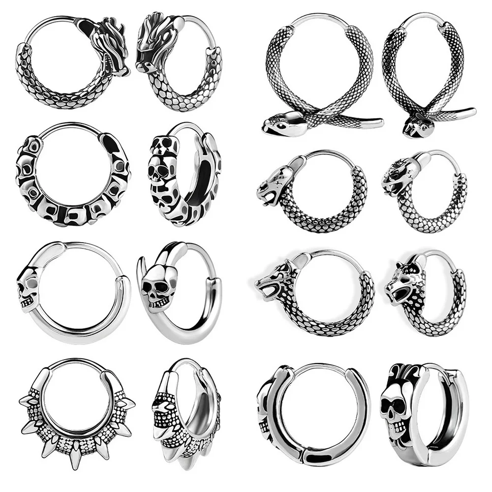 1 Pair Street Pop Punk Small Hoop Earrings For Man Woman Animal Skull Stainless Steel Gothic Hip Hop Pierced Ear Jewelry