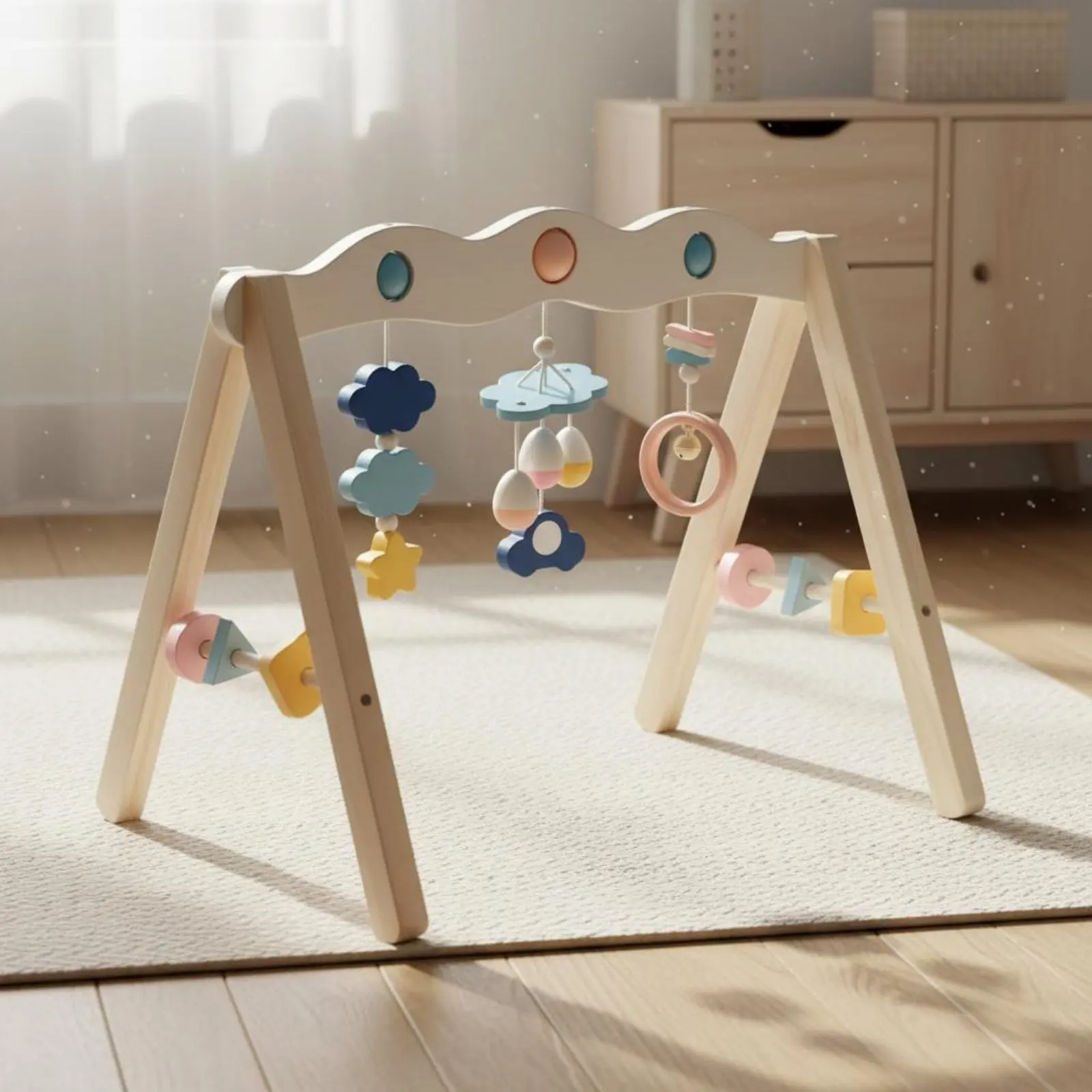 Wooden Baby Gym Nordic Design Wooden Infant Play Gym Hanging Toy Stand Tummy Time Hand-Eye Coordination for Infants view 2