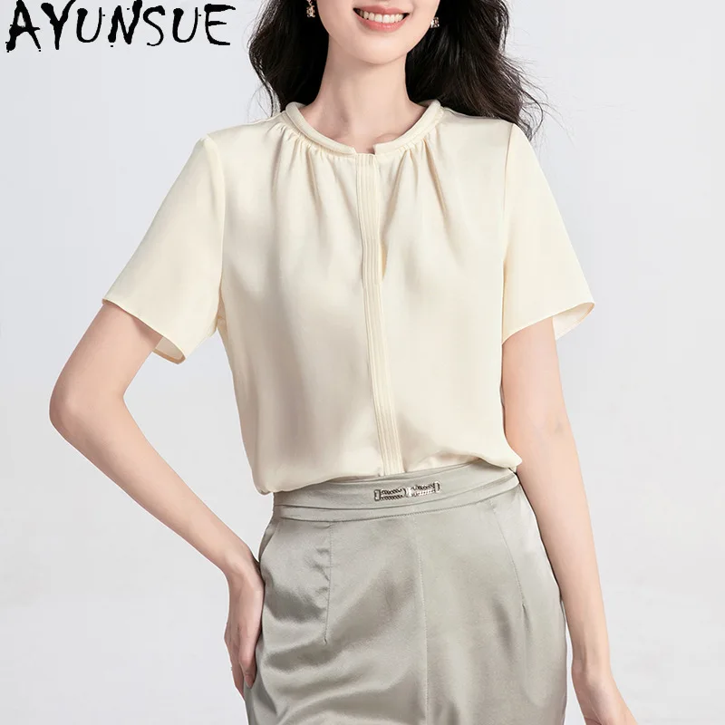 

AYUNSUE 100% Silk Women's T-shirts Stylish Short Sleeve Tops for Woman Solid Thin Women T Shirts Summer Clothes Woman 2026 Топ