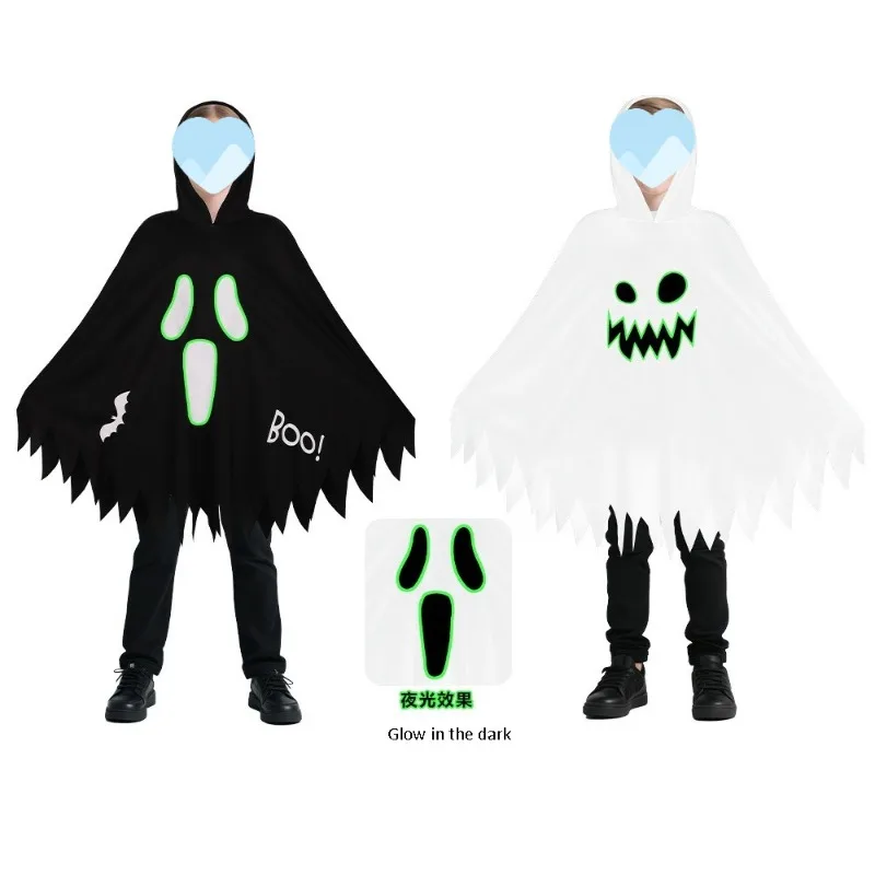 Disfraz de Halloween: Capa Luminosa de Ghostface, Traje de Calabaza Blanco y Negro que Brilla en la Oscuridad para Fiesta de Disfraces