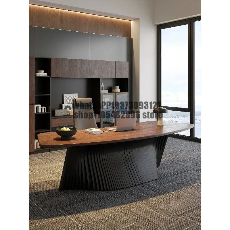 Walnut Small Boss Desk Single President Curved Solid Wood Desk