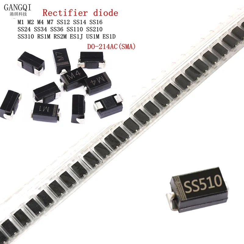 100PCS SMA Rectifier diode M1 M4 M7 SS12 SS14 SS16 SS24 SS34 SS26 SS36 SS110 SS210 SS210 US1M RS2M RS1M ES1D 1N4007 M7 DO-214AC