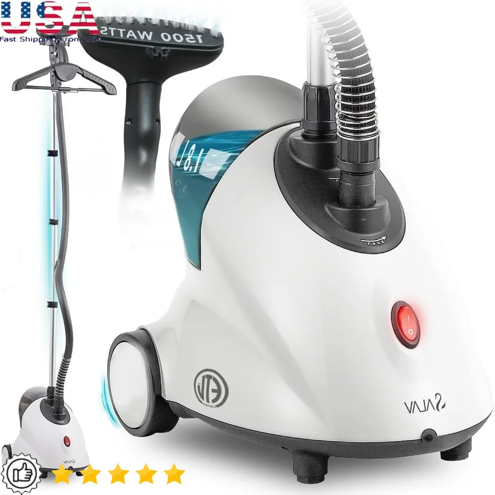 مُبخّر ملابس قائم قوي بقدرة 1500 وات مع خزان 1.8 لتر، عمود قابل للتعديل وعجلات لف، حركة سهلة، تبخير مستمر 60