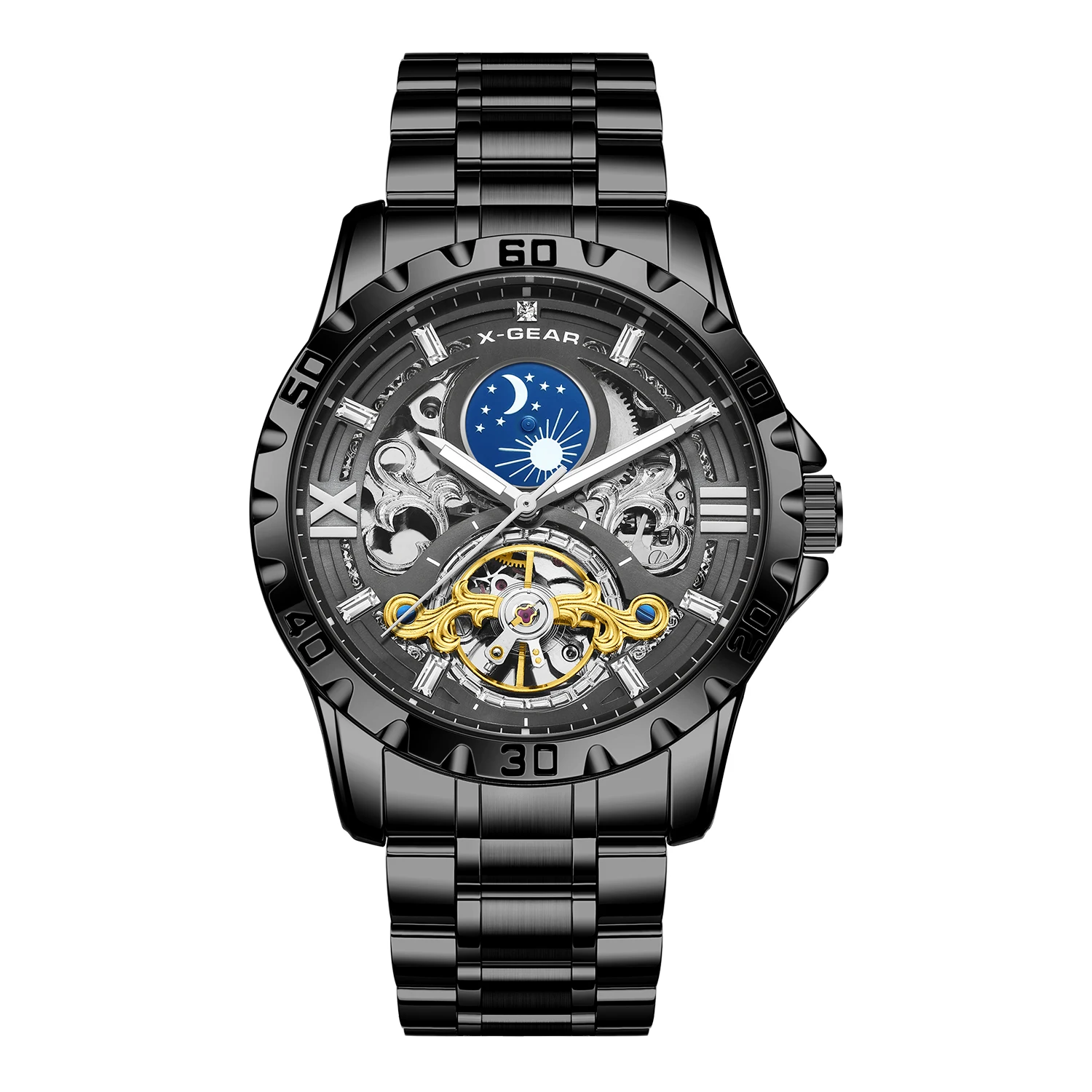 X-GEAR Tourbillon Automatic Mechanical Wristwatch Skeleton Starry Sky Moon Phase Luminous Stainless Steel Mechanical Watch