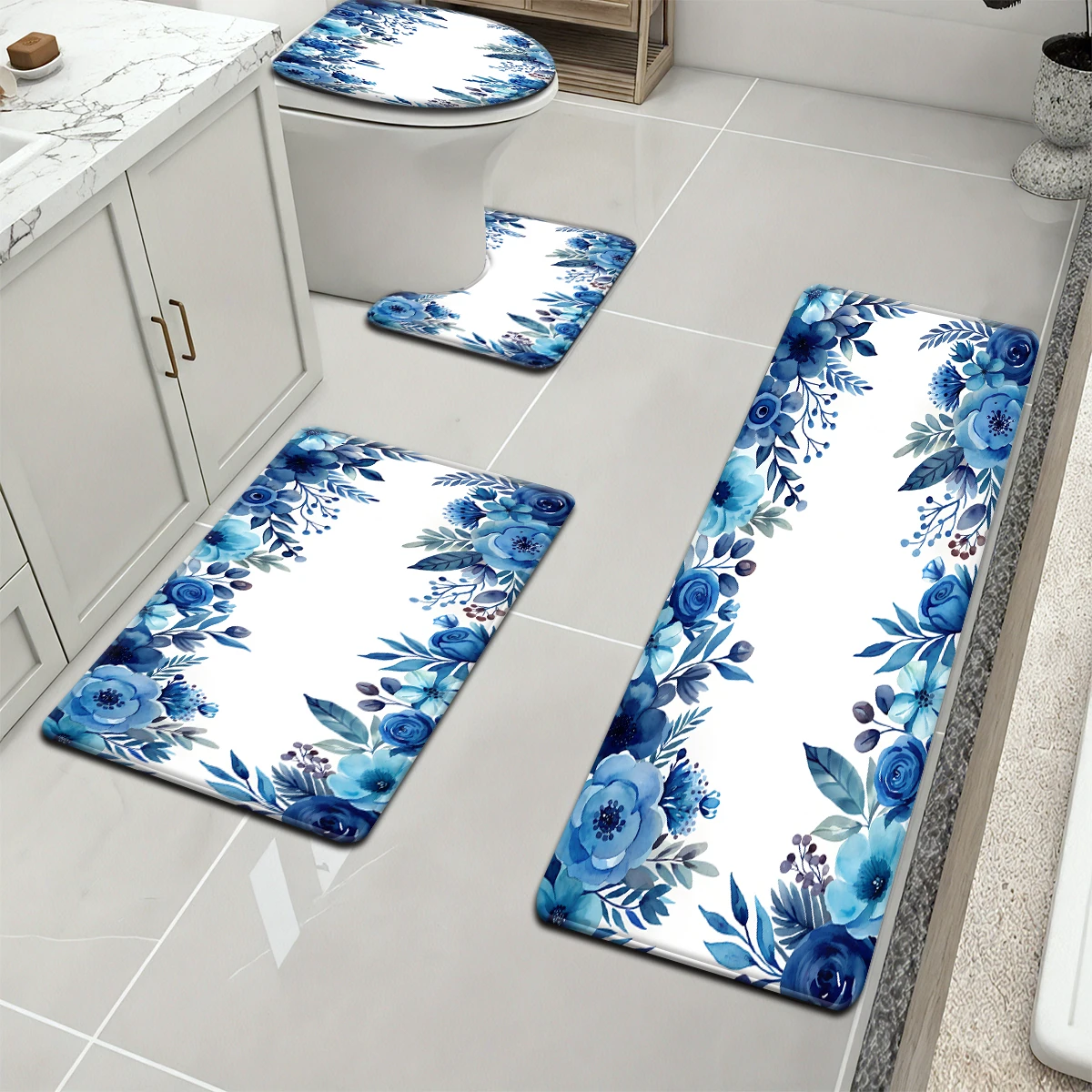 

1 комплект синего водопоглощающего и нескользящего напольного коврика для ванной комнаты, домашнего декоративного цветочного узора с принтом, мягкого, четырех частей