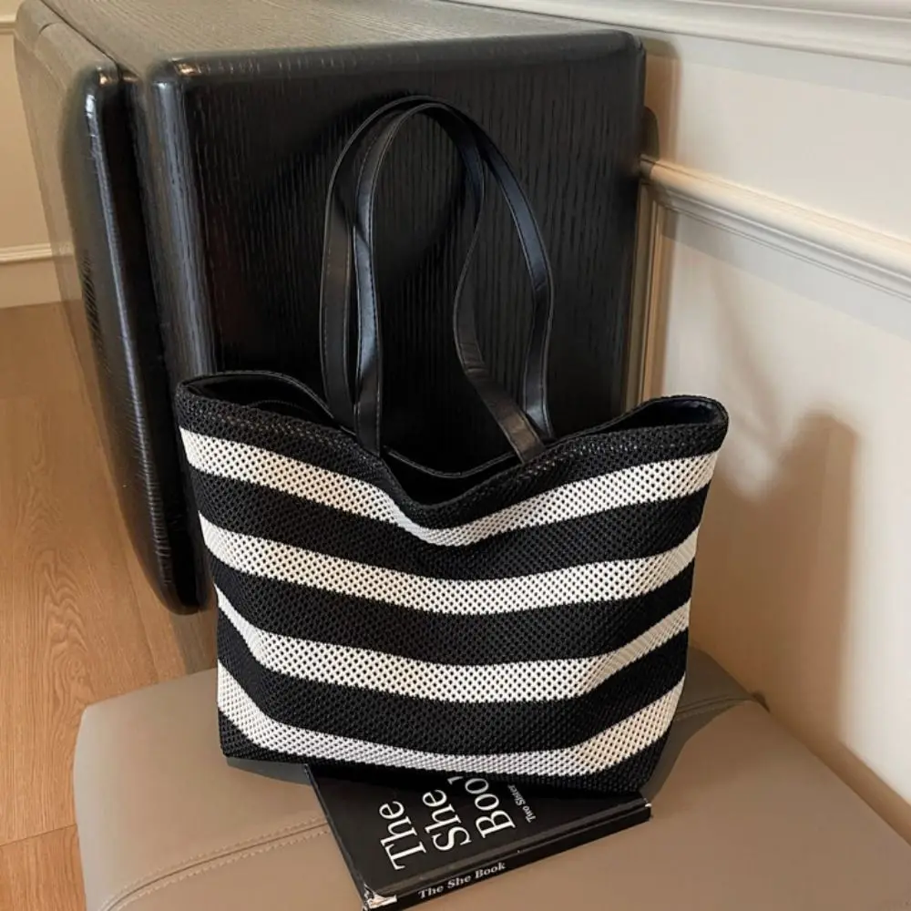 

Korean Style Black and White Striped Tote Bag Lazy Style Large Capacity Woven Shoulder Bag Zipper Beach Handbag
