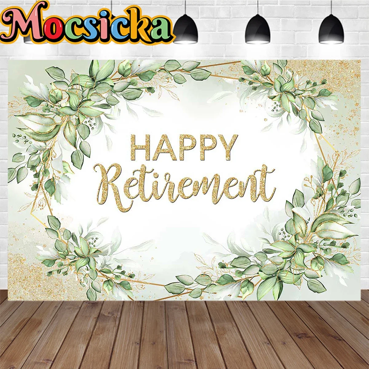 

Happy Retiremeny Spring Green Leaf Decoration Photography Backdrop Props Golden Glitter Indoor Photocall Background Studio Photo
