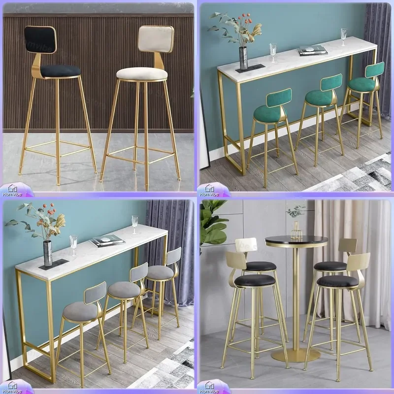 Minimalist Wrought Iron High Stool Simple Light Luxury Bar Chair for Milk Tea Shop Front Desk Commercial Reception Seating