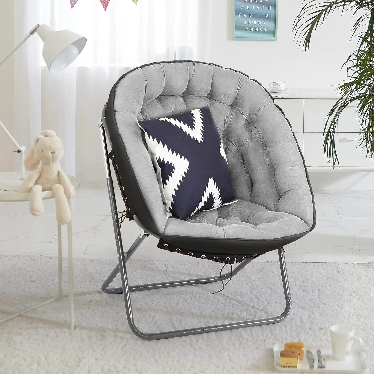 Folding Saucer Chair, Oversized Lazy Moon Chair with Metal Frame, Portable Folding Chair, Comfy Chairs for Bedroom