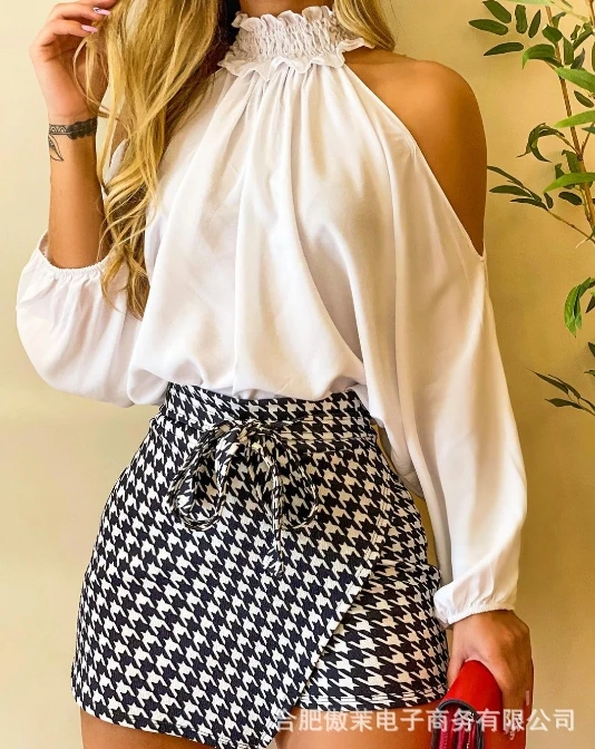 

Elegant Pleated High Necked Off Shoulder LongSleeved Top with A Thousand Bird Plaid High Waisted Lace Up Pants Skirt Fashion Set