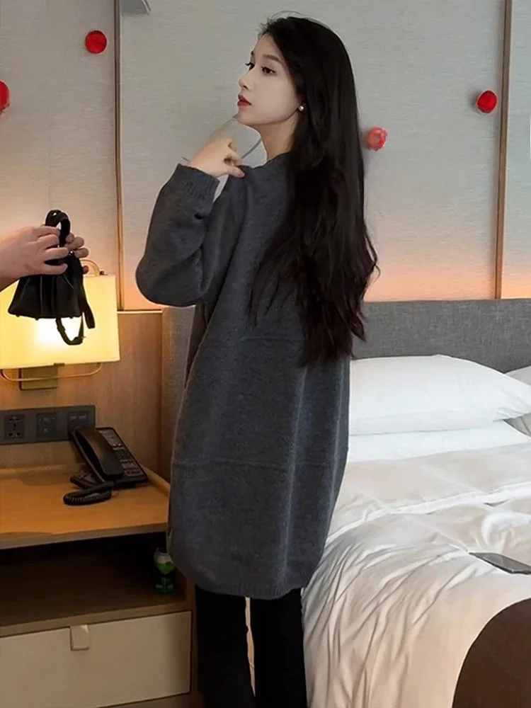 Lockerer Strickpullover Damen Herbst Winter Casual Sle V-Ne Long Sve Mittellange Oberbekleidung Bequem Faionable