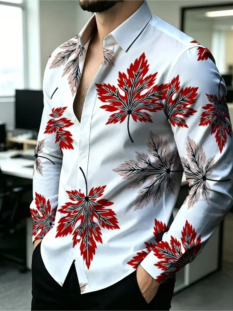 New men's pink and white vertical stripe ink floral print shirt, gentle men's casual long sleeved shirt