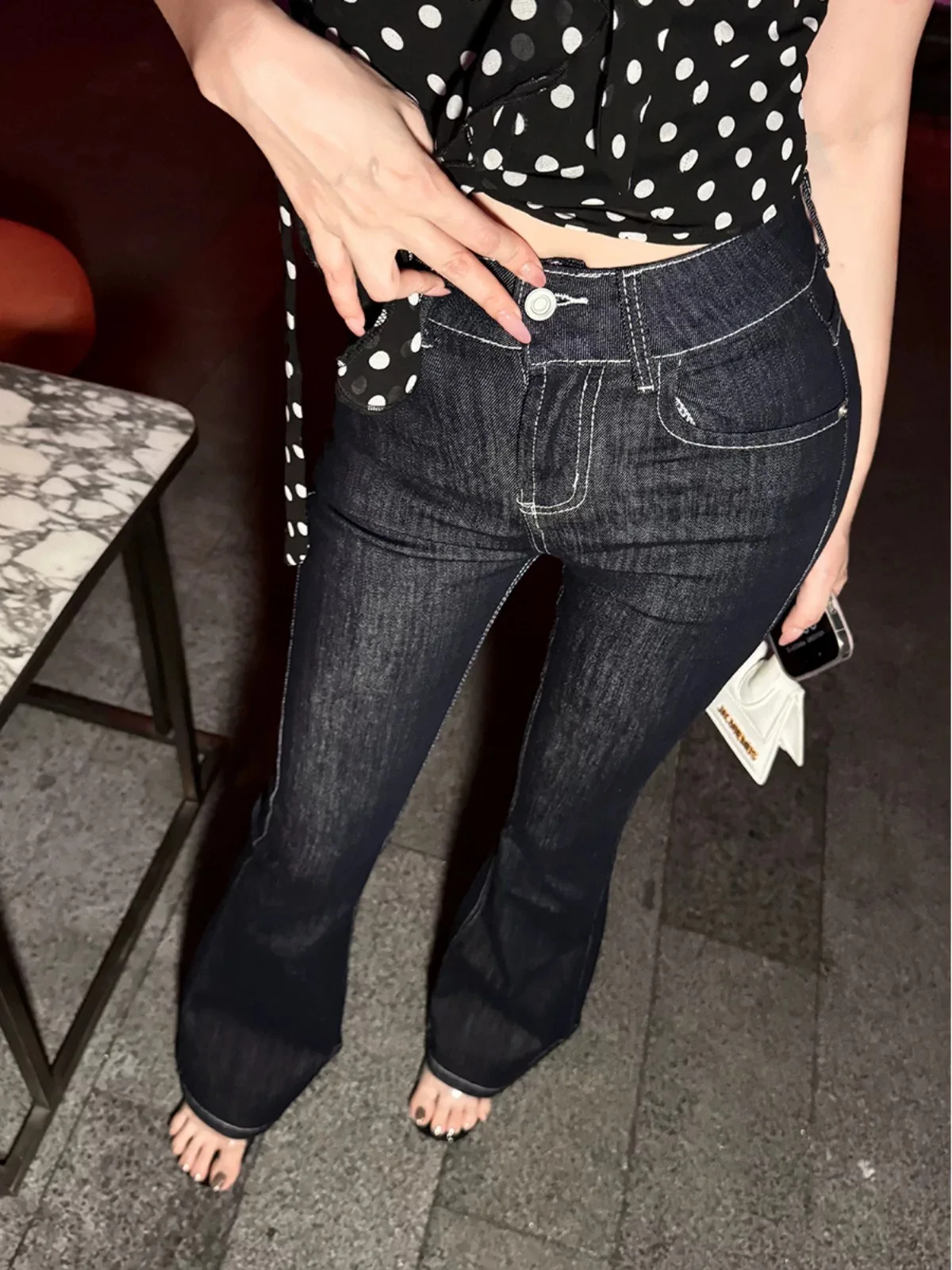 

Американские ретро-джинсы темно-синего цвета с эластичной тканью, облегающие, прямого кроя, для женщин, на раннюю осень, узкие, в пол, модель «труба»