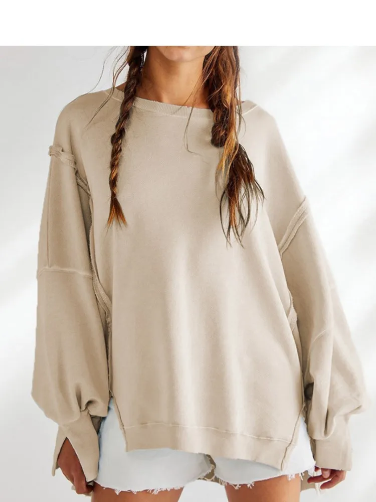 

New Spring Autumn Women Hoodless Sweatshirt Elegant Pullover Retro Sweatshirt Long Sleeves Tops Loose T-shirt Female Clothes