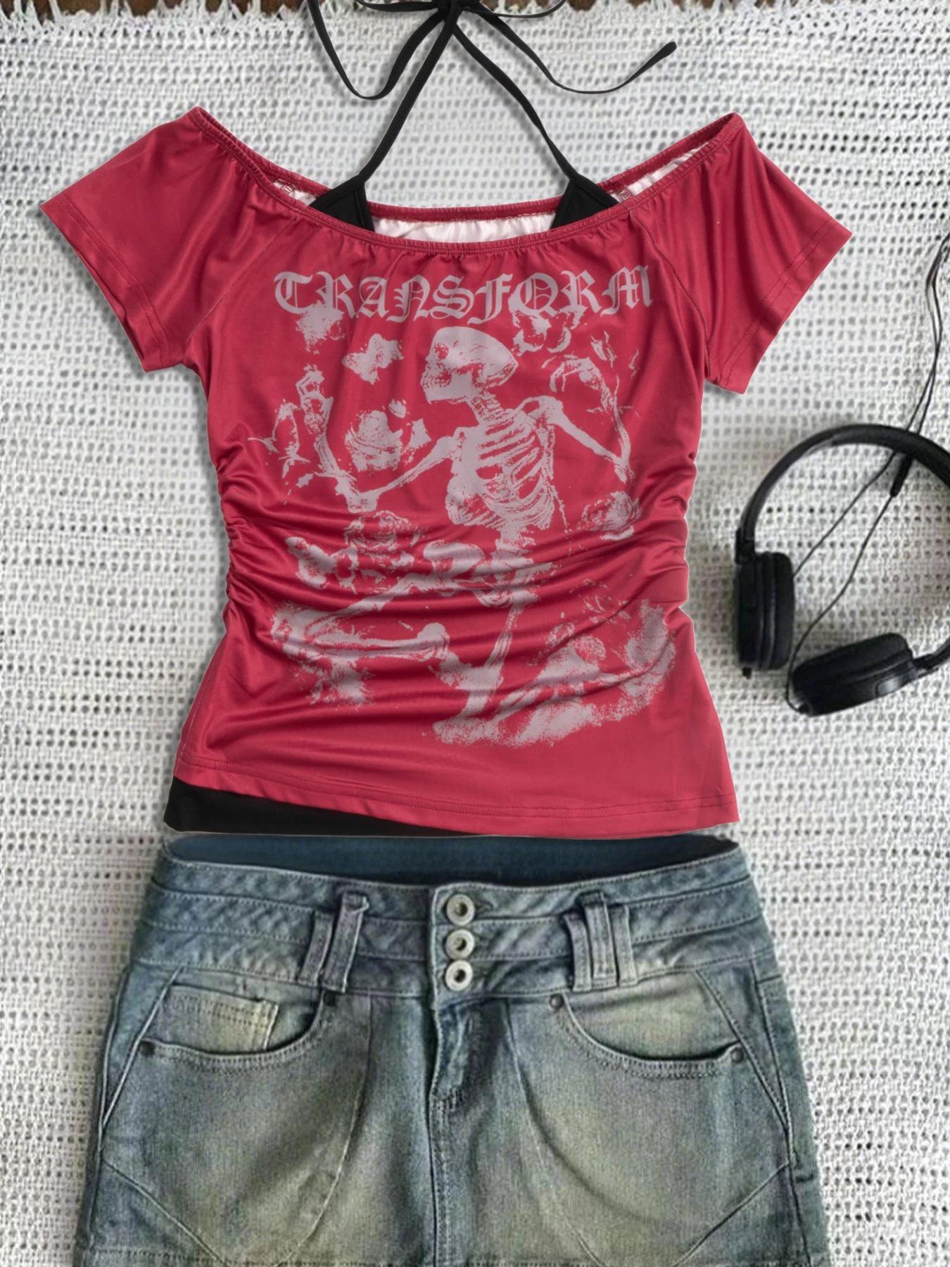 Sexy schulterfreies Neckholder-Top mit Skelett-Print und gerafften Seiten für den Abend und Freizeit – Detail 1