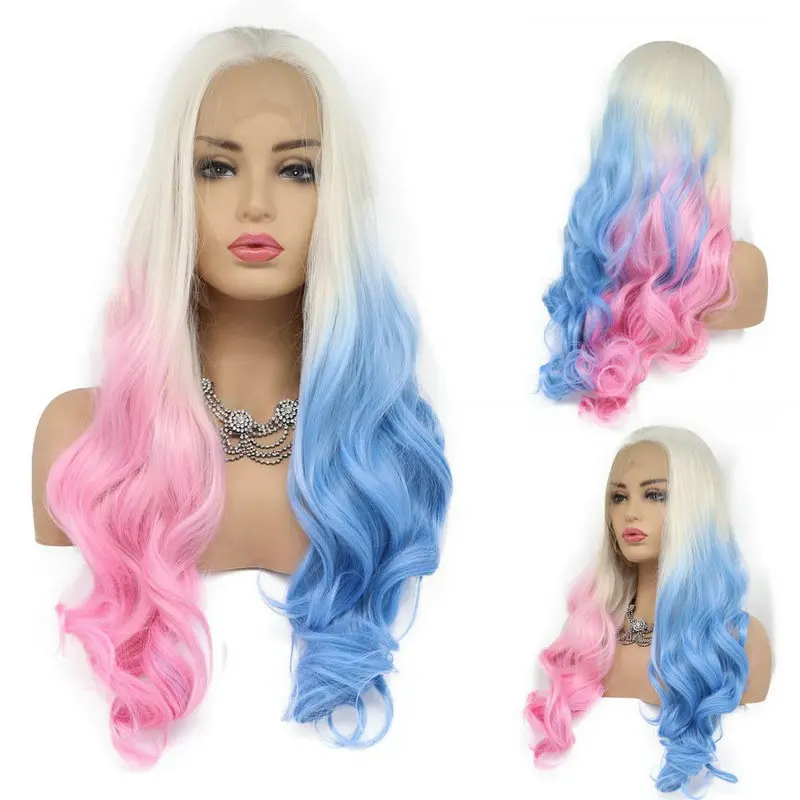 

Sylvia Long 60 Blonde Ombre Half Blue/Pink Wigs Synthetic Lace Front Wigs for Women Heat Resistant Cosplay Party Wigs Drag Queen