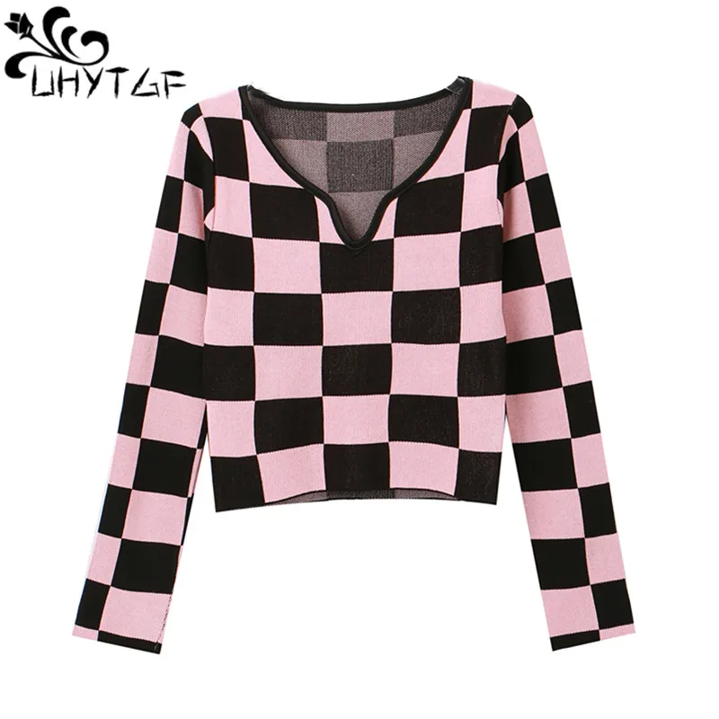 

UHYTGF 2022 Knitted Women's Summer Sweater Fashion Plaid Slim Short Tops Female Long-Sleeved Pullover Casual Elastic Sweaters 26