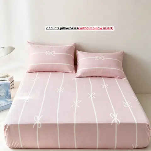 100% cotton bow 3Pcs Fitted Bed Sheet With Elastic Band Anti-slip Adjustable Mattress Cover (Pillowcase without pillow core))