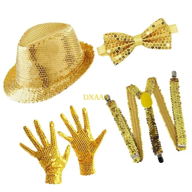 DXAA 5/6/7Pcs80s 90s ملابس المسرح زي نجم الرقص، قفازات الترتر، ربطة العنق، القبعة، النظارات الشمسية لحفلة الهالوين التنكرية
