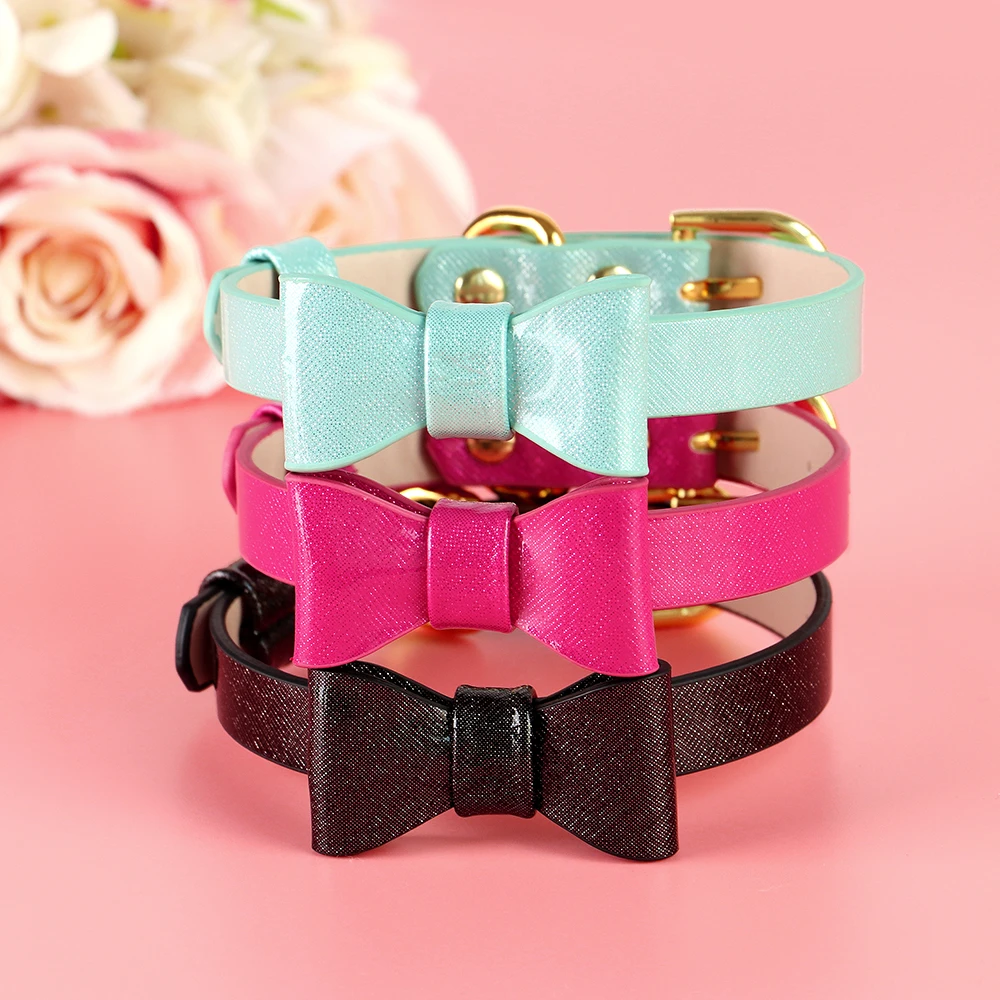 Leather Bow Knot Dog Collar Adjustable Bowknot Puppy Cat Collars Dog Kitten Necklace Accessories for Small Dogs Cats Chihuahua