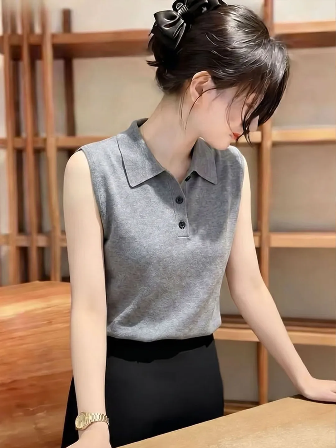 

Korean Style Collar Sleeveless Knitted Vest Commute Slim Fit Fashionable Top Summer Small Shirt Straight Tube Type
