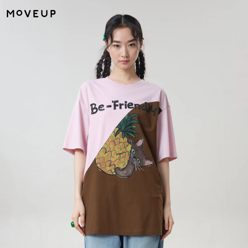 MOVEUP Short Sleeved Round Neck T-Shirt 2026 Summer New Contrasting Color Splicing Print Drop Sleeves Top For Women 3ELX10549