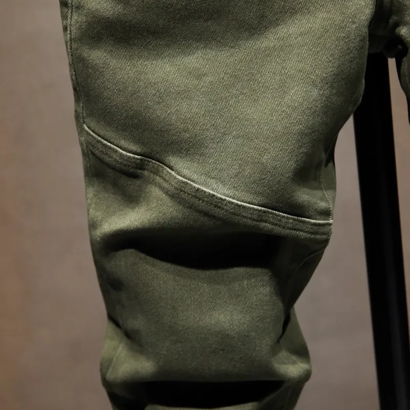 Street Designer Fashion Men Jeans Army Green Stretch Slim Fit Casual Jeans Men Zipper Pocket Hip Hop Vintage Denim Pants Hombre