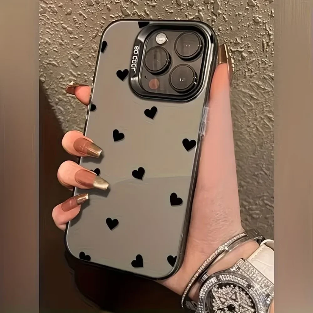 Coque de téléphone IMD noire style cool et tendance avec motif cœur argenté pour iPhone 18 17 16 15 14 13 12 11 Pro Max Plus Air Mini 17e 16e, finition givrée