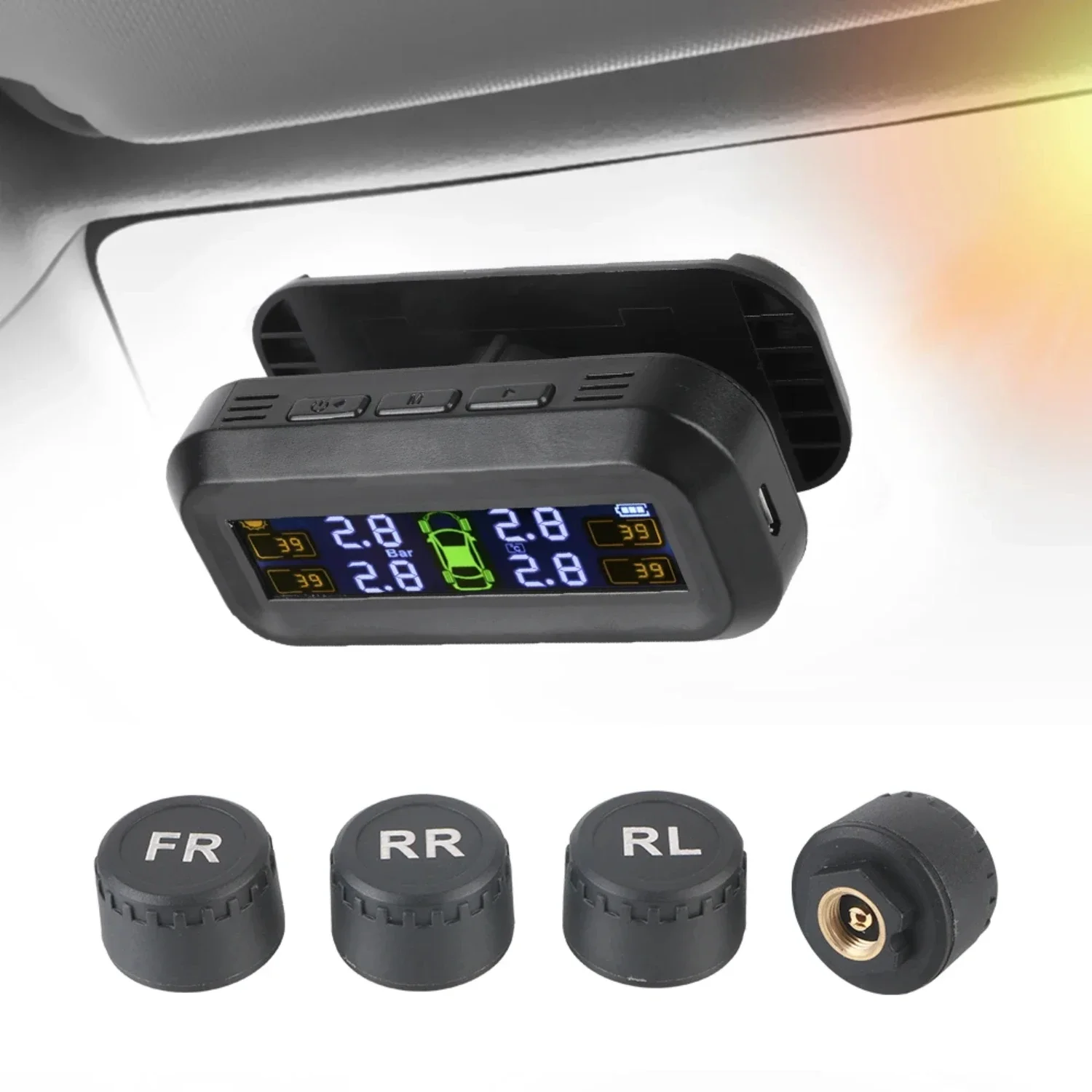 Solar TPMS Car Tyre Pressure Monitor w/ 4 External Sensors - Temperature Warning, Fuel Save