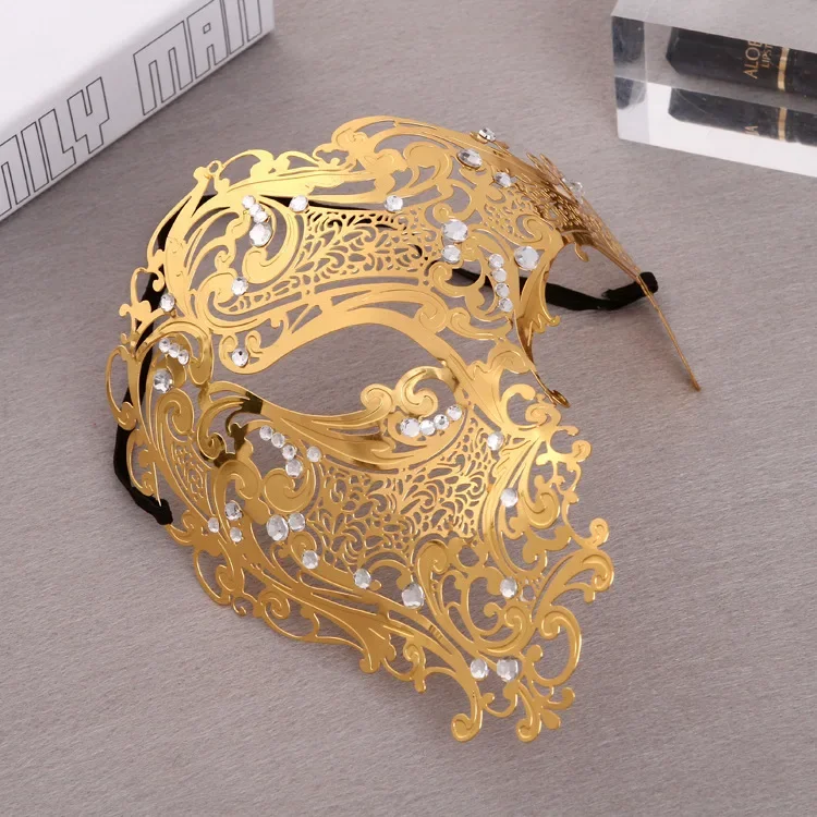 Luxury Gold Rhinestone Venetian Metal Laser Cut Wedding Masquerade Mask Dance Cosplay Costume Party Mask