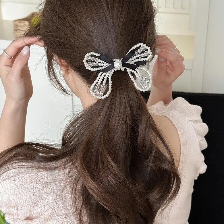 French Retro Beaded Pearl Bow Hair Clip Cute Side Bangs Clip for Women Daily Versatile Elegant Cream