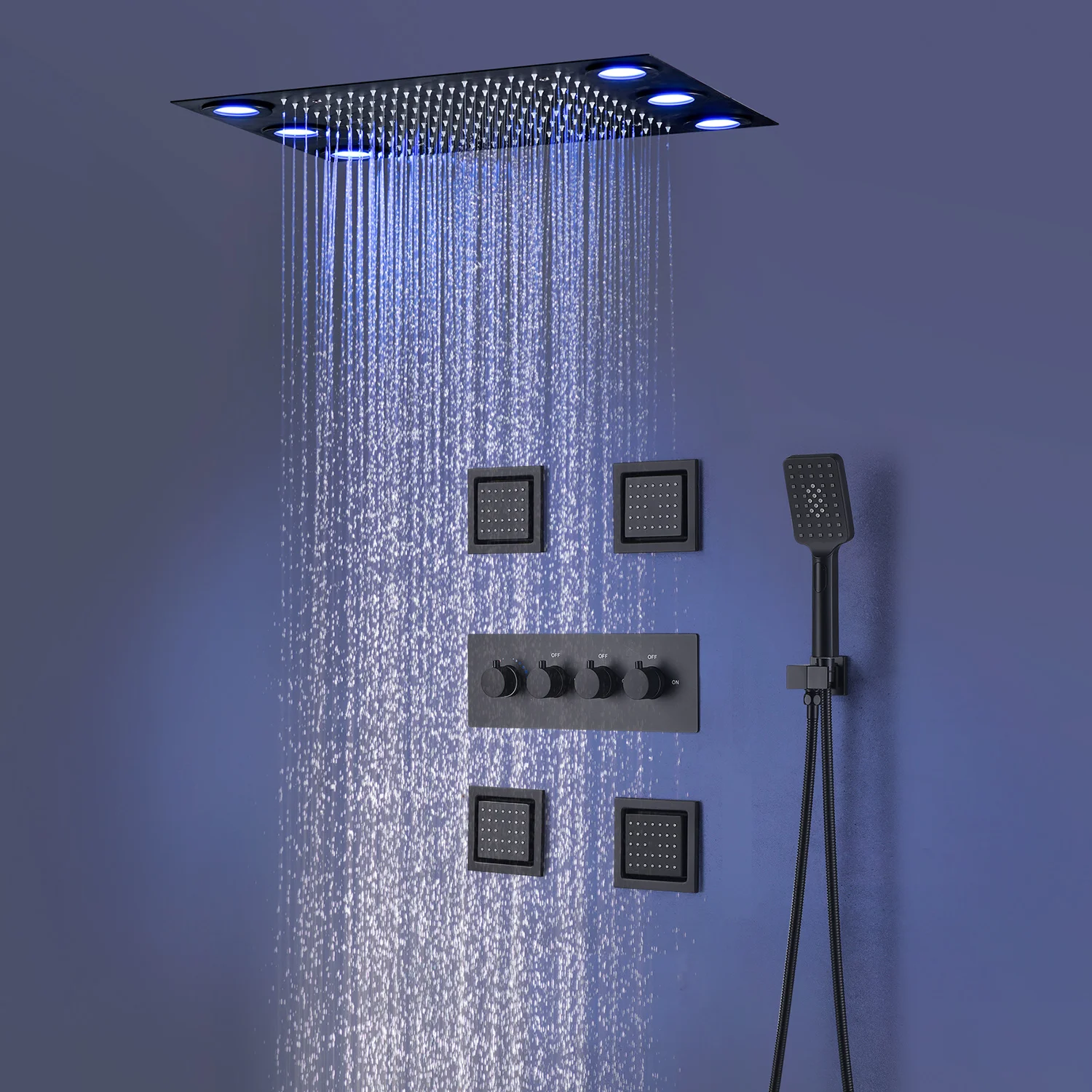 

hm 2024 Bathroom LED Shower Set Ceiling Rainfall Shower Head Black Thermostatic Mixer Faucets System With Massage Body Jets