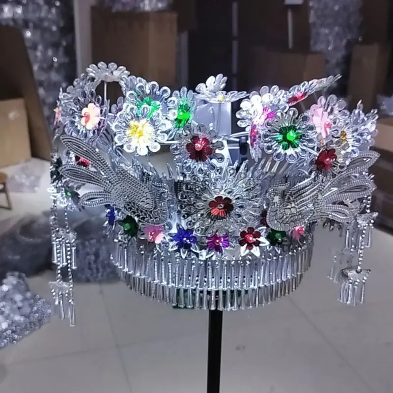 Metal Miao Silver Hat Female Ethnic Minority Headdress Tassel Headwear Stage Performance Headgear Carnival Festival Dancer Wear