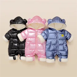 2024 Baby Boys Winter Snowsuit Plus Velvet Waterproof No-wash Infant Boy Jumpsuit Shinny Hooded Newborn Girls Romper Coat