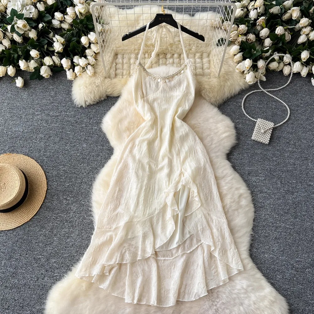 Foamlina Seaside Beach Vacation Dress Temperament Female Dating Shopping Suspender High Waisted Ruffled Tassel Dresses Chic