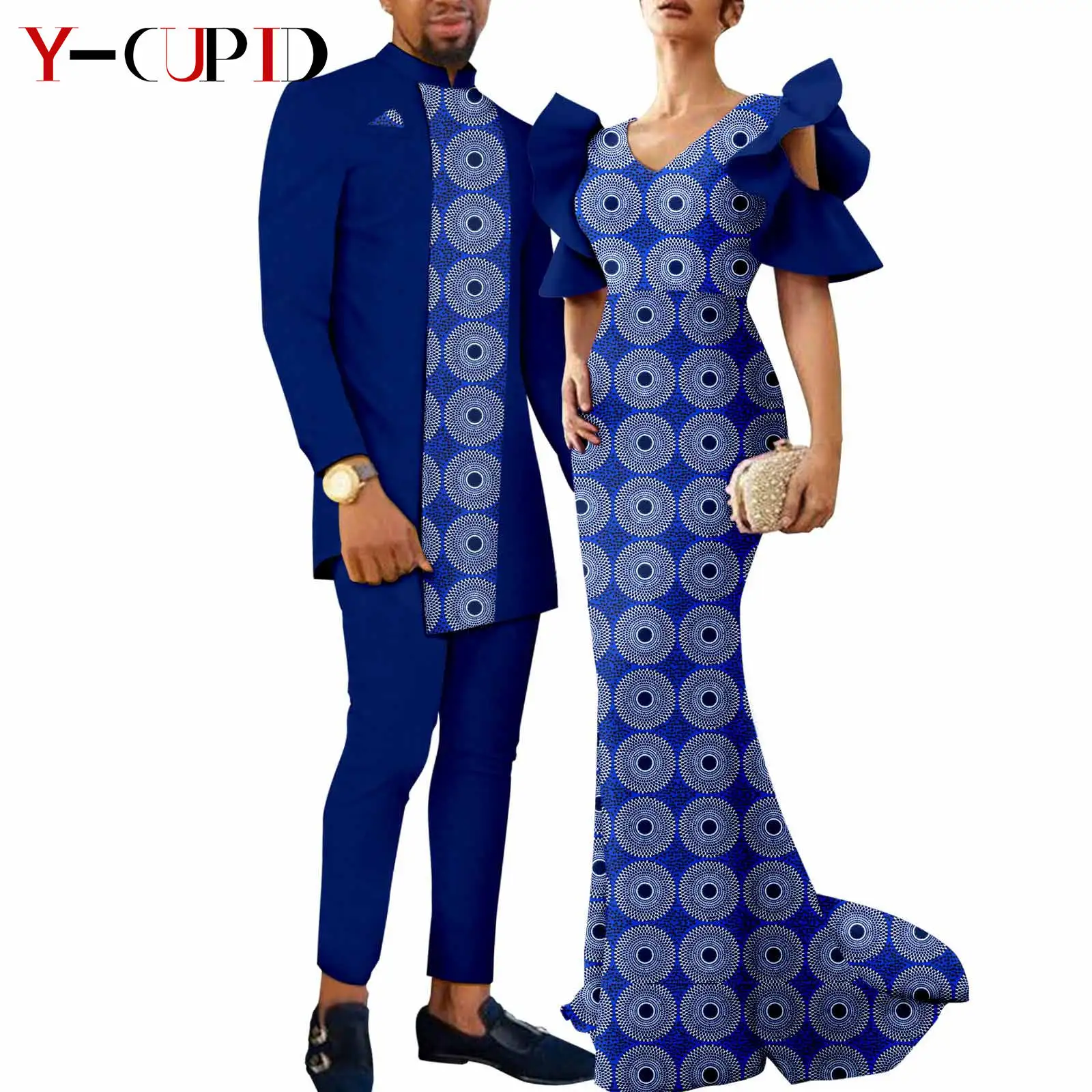 Vestidos africanos a juego para hombre y mujer, chaquetas Dashiki, abrigos y pantalones, conjuntos Bazin Riche, ropa estampada para pareja Y23C018