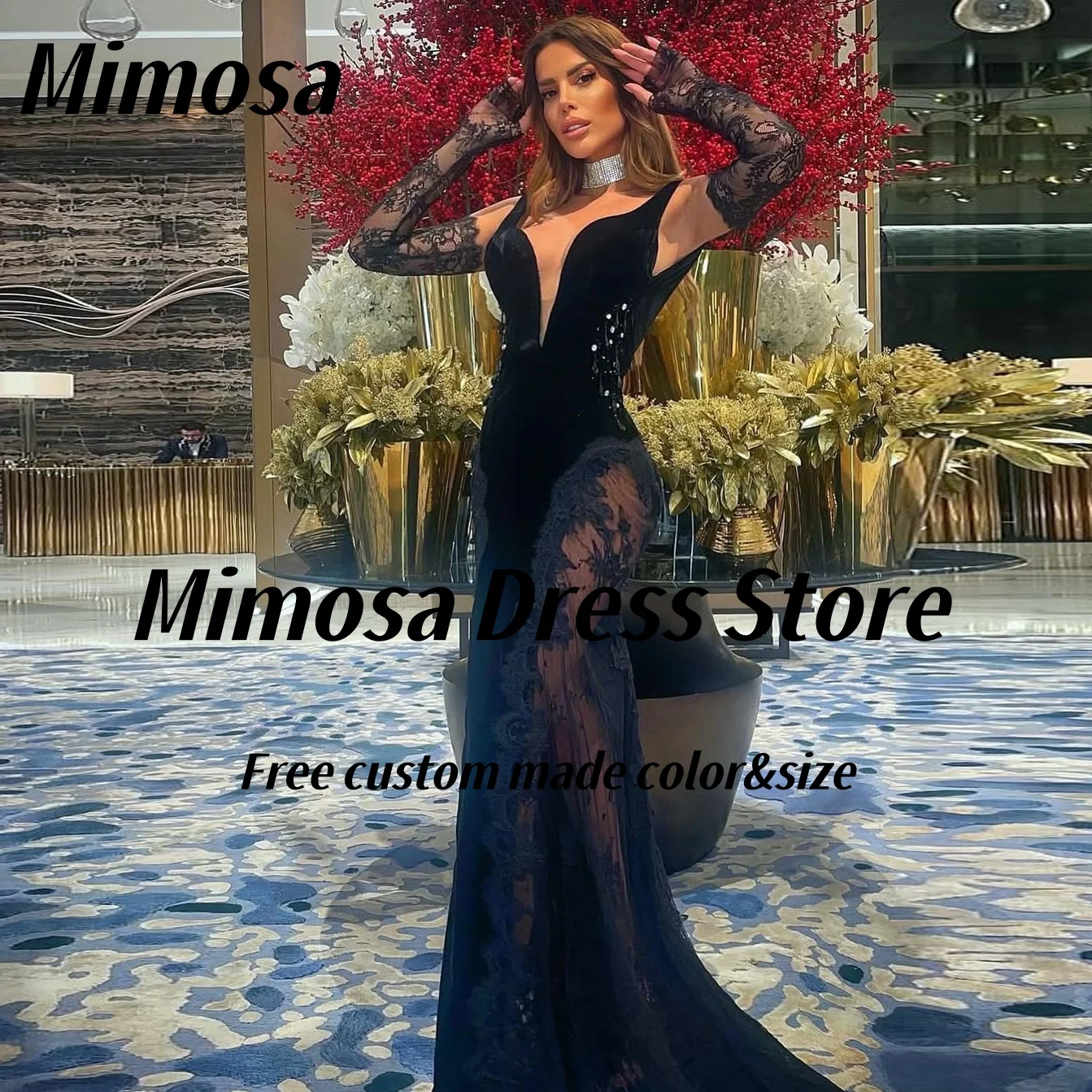 

Черное платье для выпускного вечера Mimosa с глубоким вырезом, сексуальное кружевное женское коктейльное вечернее платье, расшитое бисером, Vestidos De Noches по индивидуальному заказу