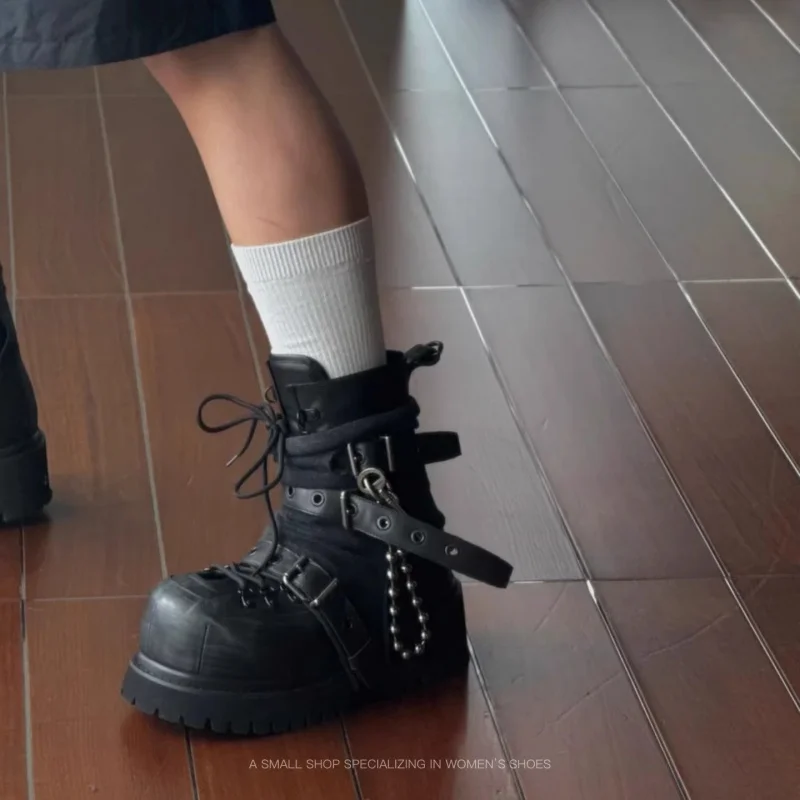 Black Dark Industry Short Boots Punk Short Boots for Men and Women Thick Soled Tall Short Boots Bundled Metal High Top Shoe image 6