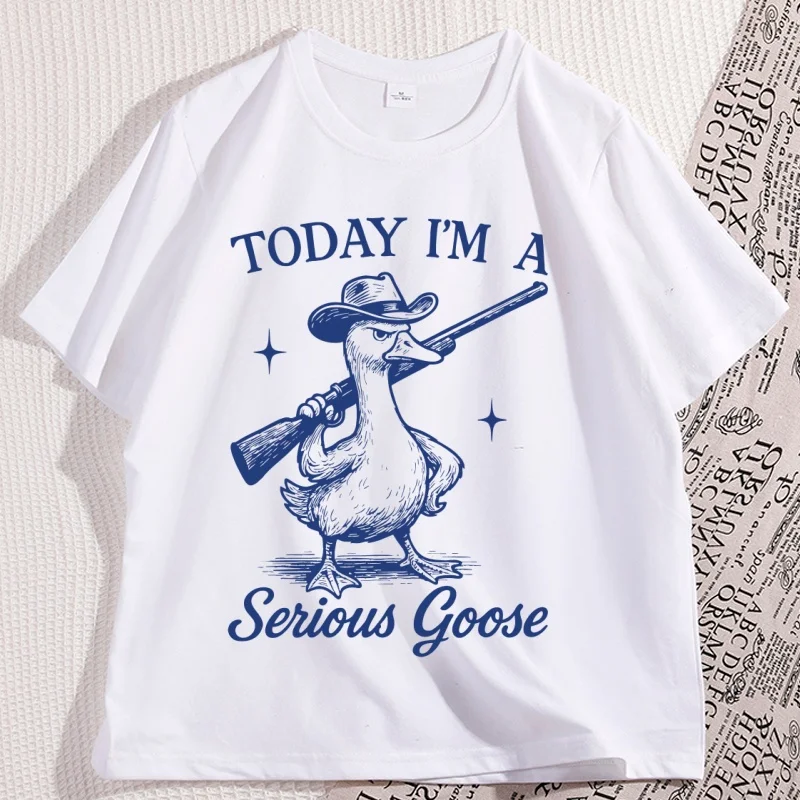 Funny Goose Today I'm A Serious Goose T Shirt Casual Vintage Short Sleeve Round Neck T-shirt Male Clothing Streetwear Tees