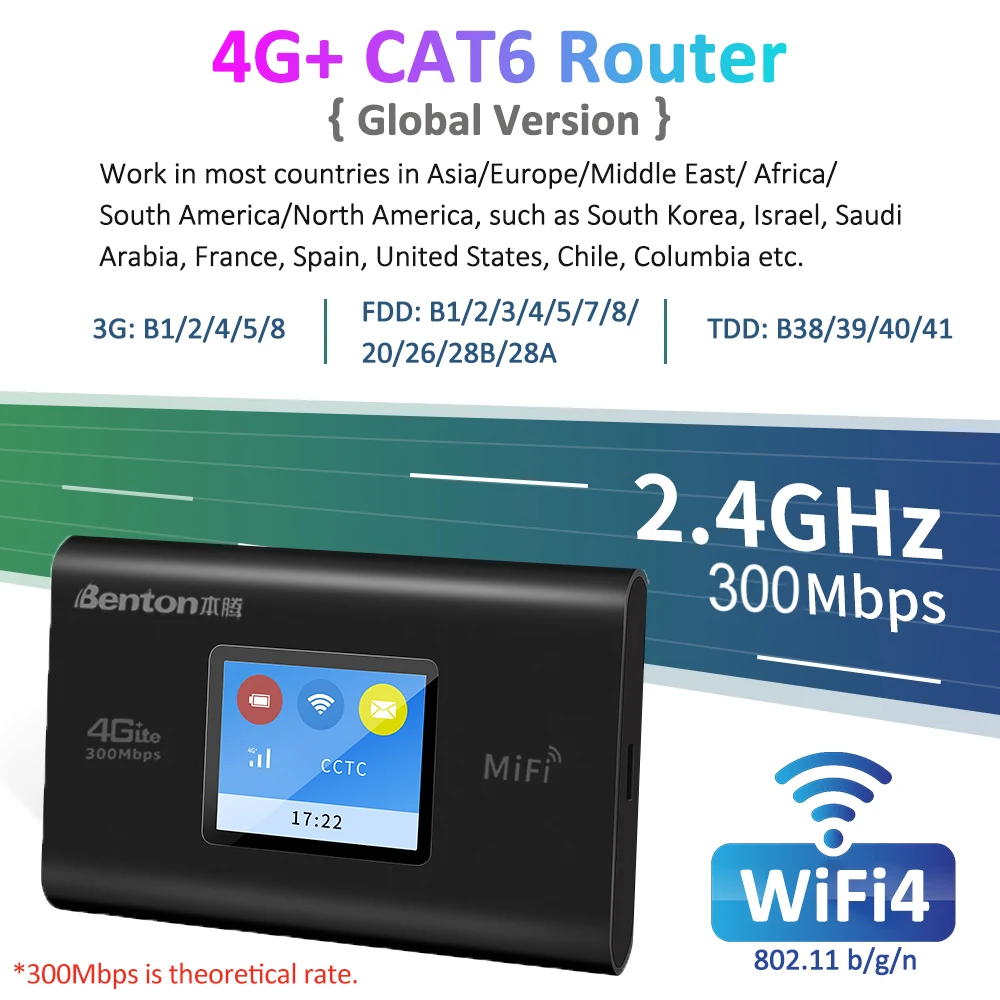 Benton 3G 4G 4G+ Portable WiFi Router with SIM Card Slot CAT6 300Mbps Mobile Wireless WiFi Repeater Mini Travel WiFi Router