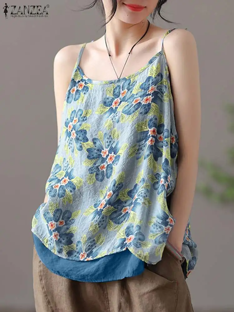 2024 ZANZEA Summer Bohemian Floral Printed Tank Tops Women Vintage Beach Camis Casual Spaghetti Strap Patchwork Blouse Blusas