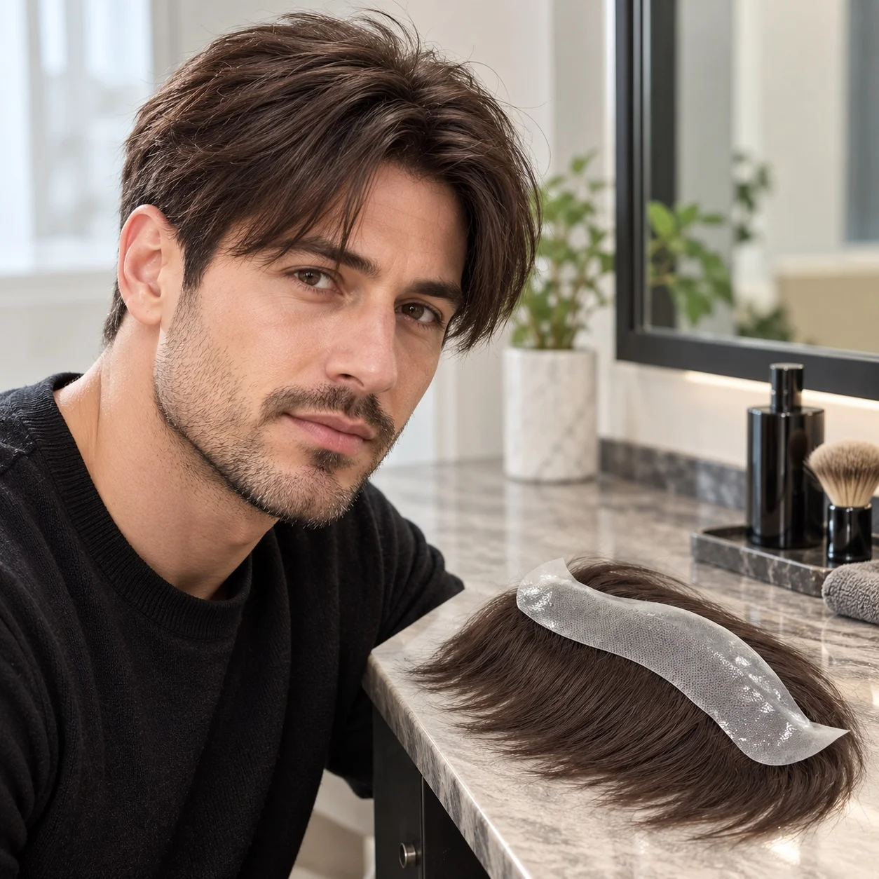 Dark Brown Straight Toupee Hairline 15 cm with 2x16 cm Full PU V-Loop Base Human Hair Replacement System Men's Hairpiece