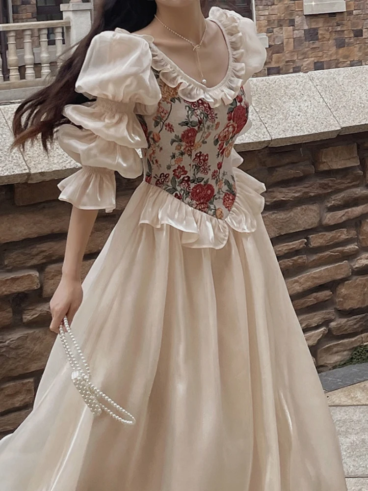 French Style Vintage Dress Women Elegant Print Floral Evening Party Dresses Female Autumn Casual Puff Sleeve Fairy Long Dresses