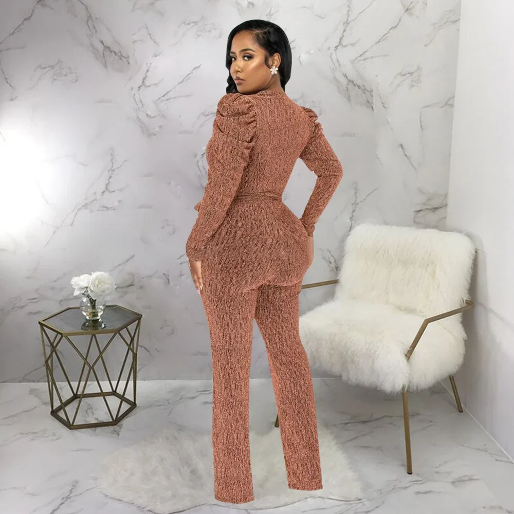 Vintage Women Puff Long Sleeve Sashes High Waist Wrap V-neck Straight Jumpsuit OL Fashion Street One Piece Suit Playsuit