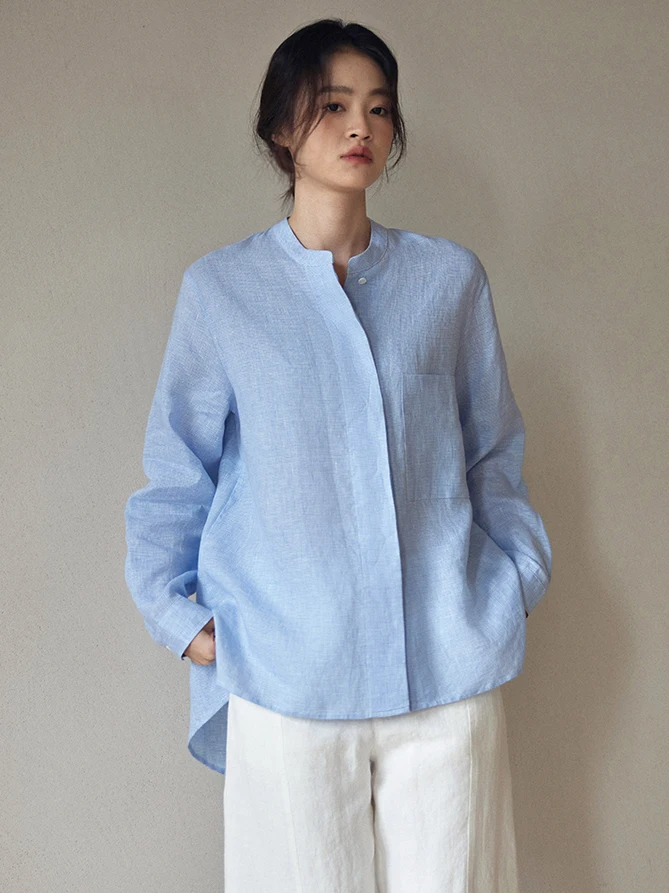 

Женская вязаная льняная блузка Arttowear с длинным рукавом, свободного кроя, с воротником-стойкой, простой стиль, для повседневной носки, весна-лето