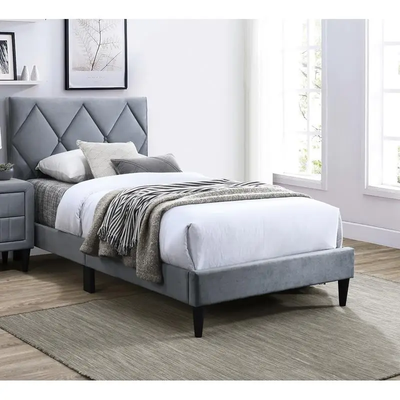 إطار سرير مزدوج الحجم مع لوح رأسي قابل للتعديل، أثاث منجد باللون الرمادي المخملي لغرفة نوم الشباب