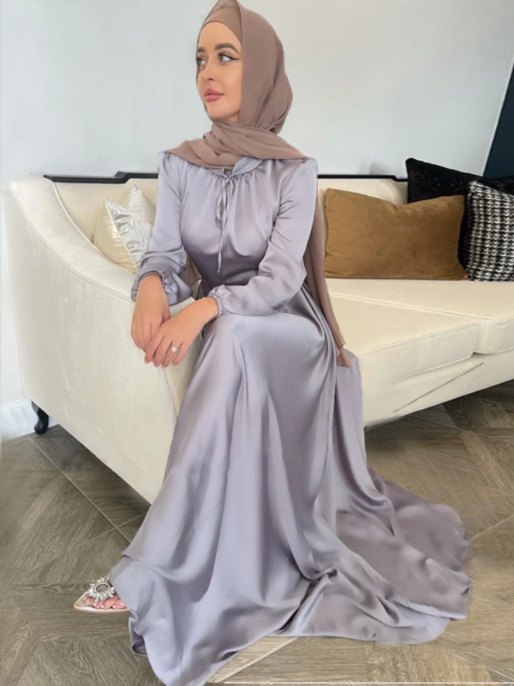 Imagem -05 - Moda Muçulmana Hijab Vestido de Cetim Ramadan Abaya Dubai Elegante Turquia Noite Africano Vestidos Islâmicos para Mulheres Árabe Kaftan Robe